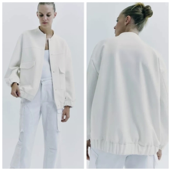 New Zara Longline Patch Pockets Oyster White Bomber Jacket Blogger Fav Small - Picture 6 of 17